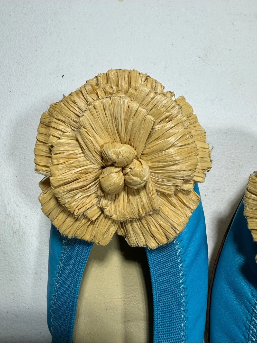 CHANEL Turquoise Ballet Flats with Raffia Flower